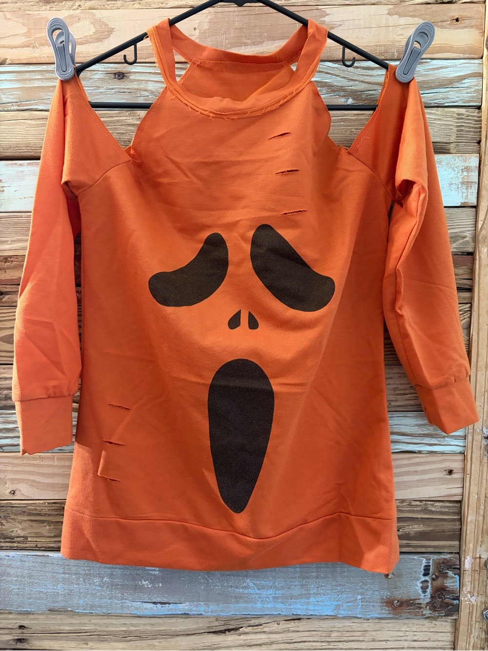 Halloween Pumpkin Face Distressed Cold Shoulder Sweatshirt Small